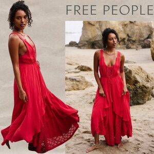 Free People Lost In Sunset Maxi Dress Red Hot Cayenne Lace Panel Linen Backless